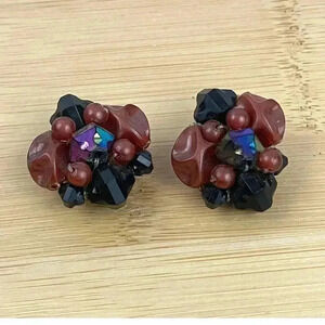 VTG‎ Brown Black  Beaded Cluster Clip On Earrings Brass Germany 1960s